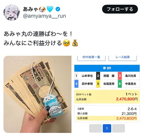 あみゃの的中報告。津8Rの3連単2-6-4で購入21300円・払戻2470800円と表示されている（2025年1月・私たちの記録）