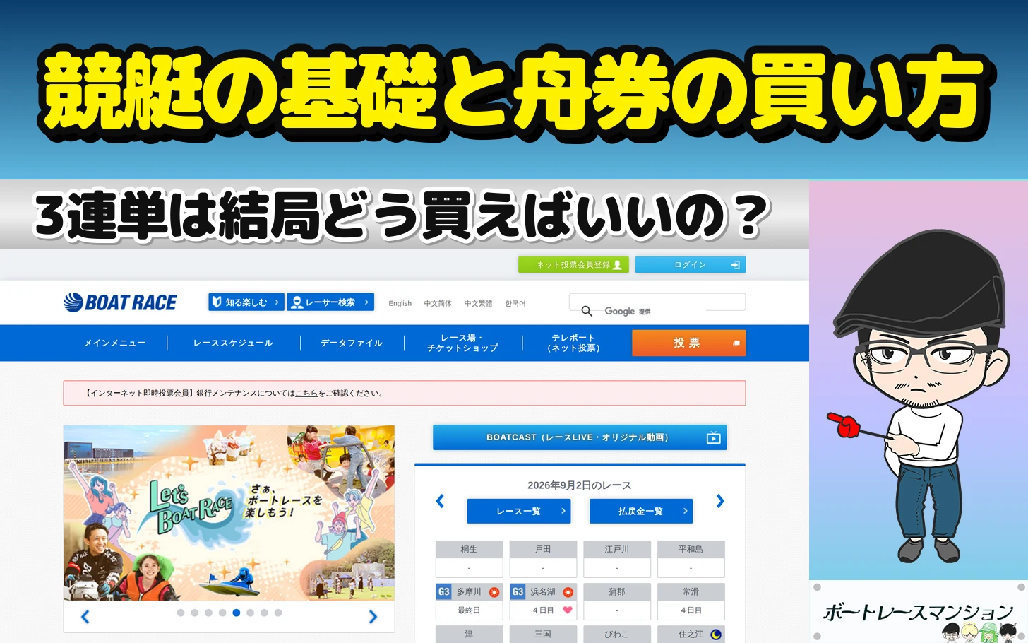 アイキャッチ：競艇の基礎と舟券の買い方（BOATRACE公式サイトの画面）