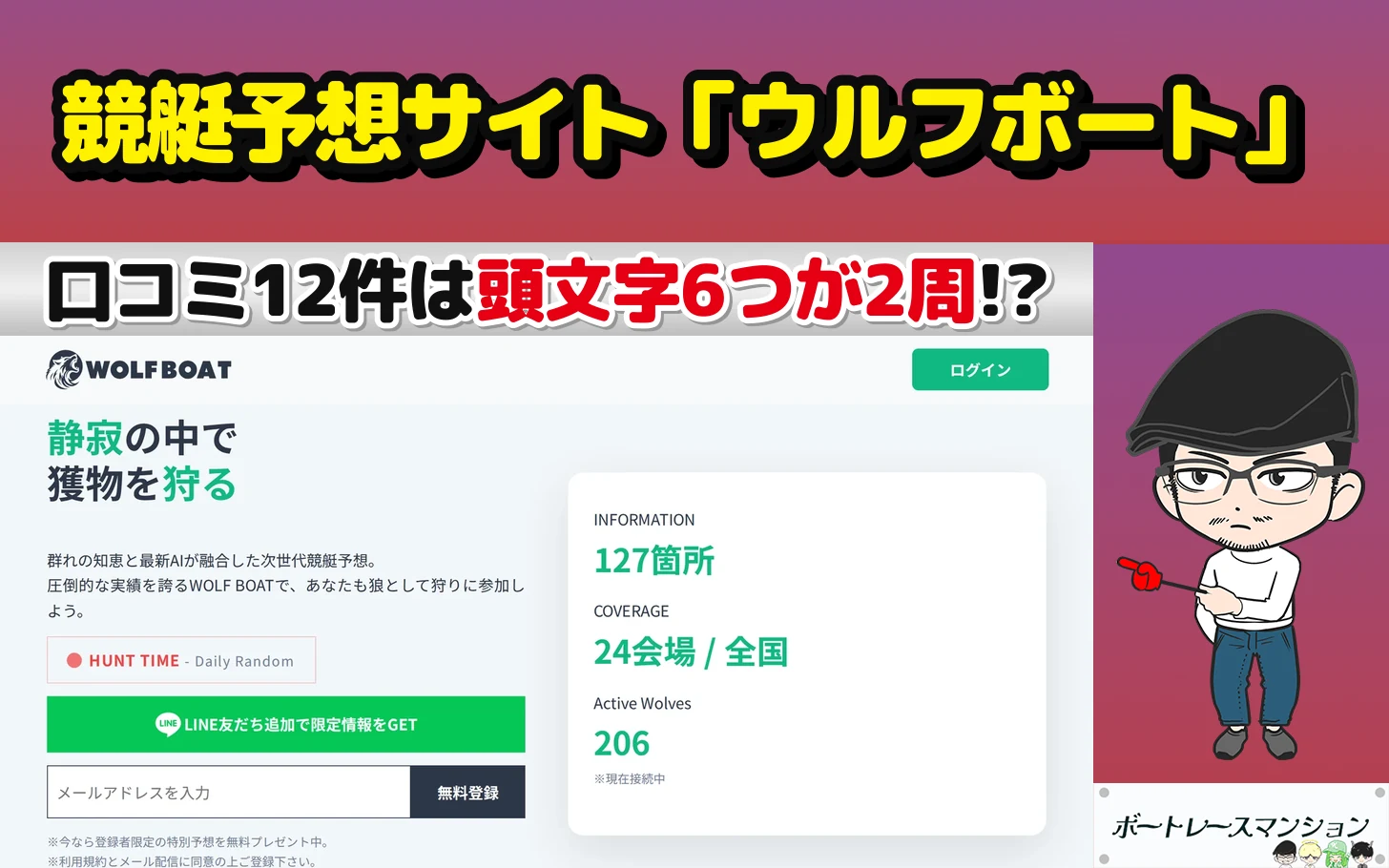 アイキャッチ：競艇予想サイト「ウルフボート」の検証記事（トップの口コミ12件は6つの頭文字が同じ順で2周・無料予想は福岡2Rで不的中）