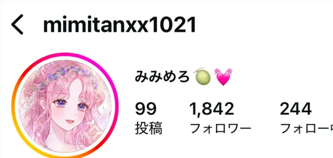 競艇インフルエンサー「みみめろ🍈💓」のInstagramプロフィール画面。ユーザー名mimitanxx1021、投稿99件・フォロワー1,842人・フォロー中244人（2025年2月・私たちの記録）