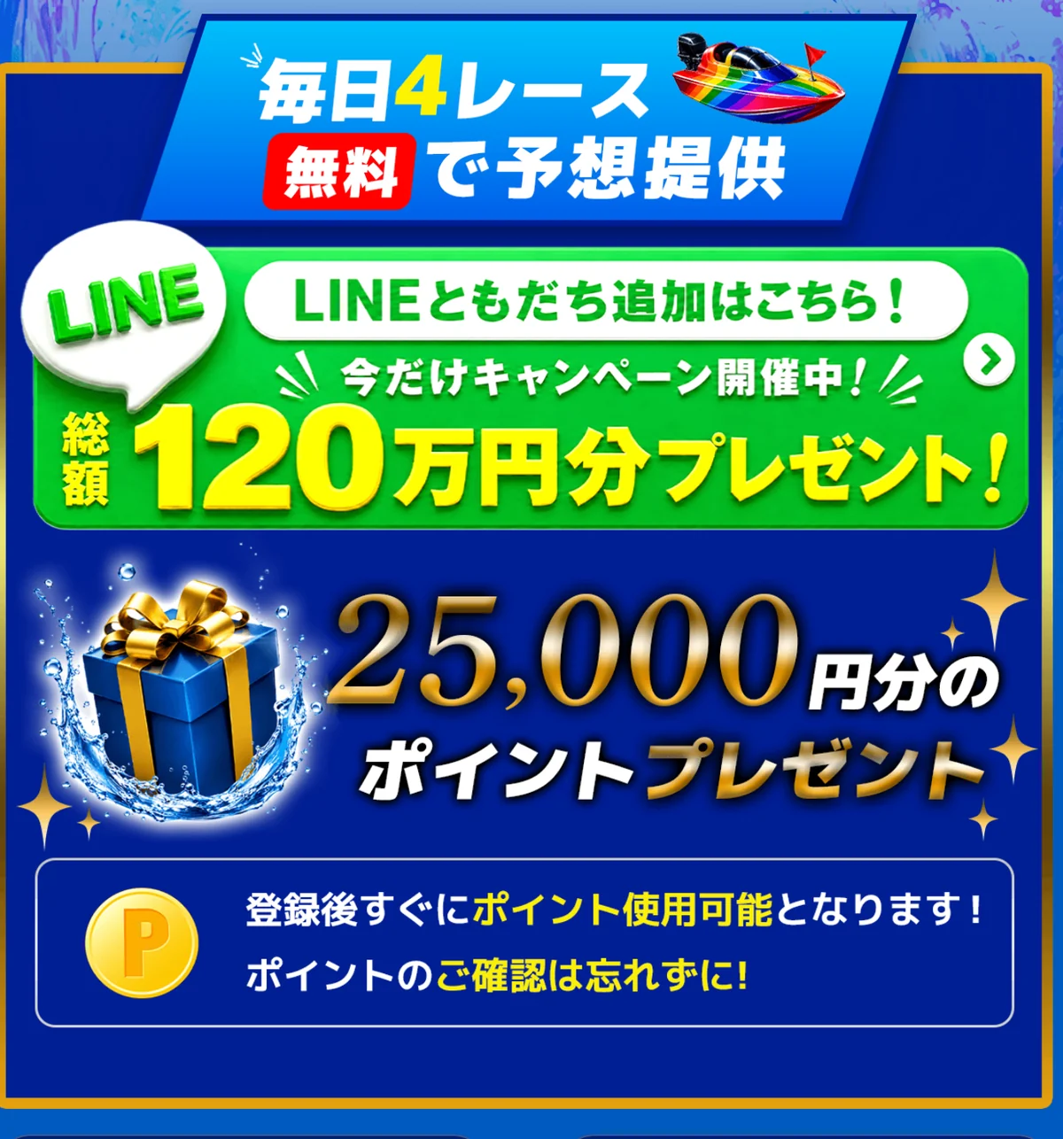 競艇ナイスのトップページ下部。「今だけキャンペーン開催中！総額120万円分プレゼント！」「25,000円分のポイントプレゼント」「登録後すぐにポイント使用可能となります！」（2026年9月14日・私たちが記録）