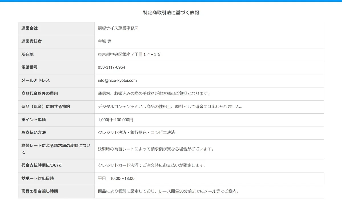 競艇ナイスの特定商取引法に基づく表記。運営会社 競艇ナイス運営事務局、運営責任者 金城豊、所在地 東京都中央区銀座7丁目14−15、電話番号 050-3117-0954、返金は原則として応じられないと書かれている（2026年8月7日・私たちが記録）