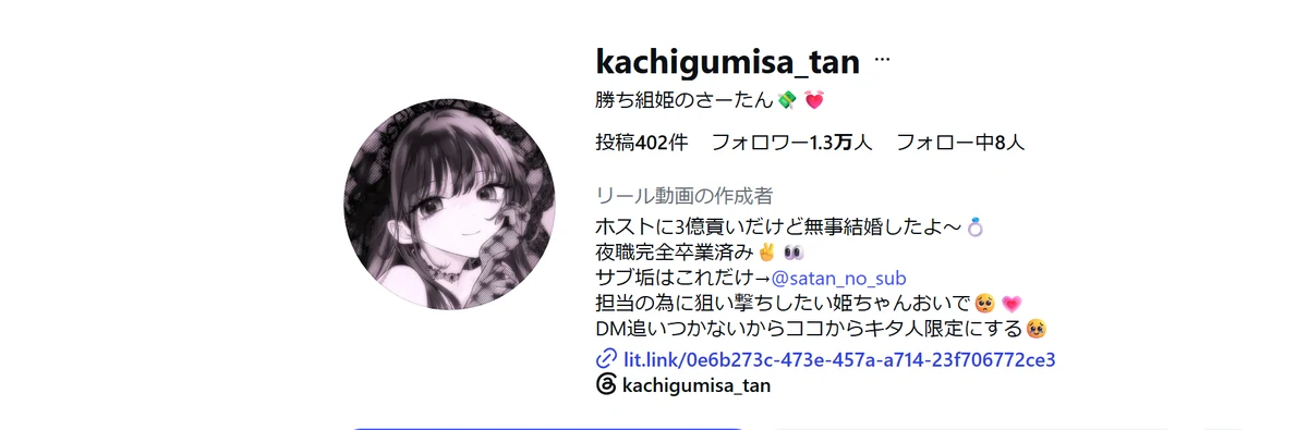 勝ち組姫のさーたんのInstagramプロフィール画面。投稿402件・フォロワー1.3万人・フォロー中8人、自己紹介に「ホストに3億貢いだけど無事結婚したよ〜」「夜職完全卒業済み」「サブ垢はこれだけ→@satan_no_sub」と書かれ、リンク欄に lit.link のアドレスが載っている（2026年9月16日・私たちが記録）