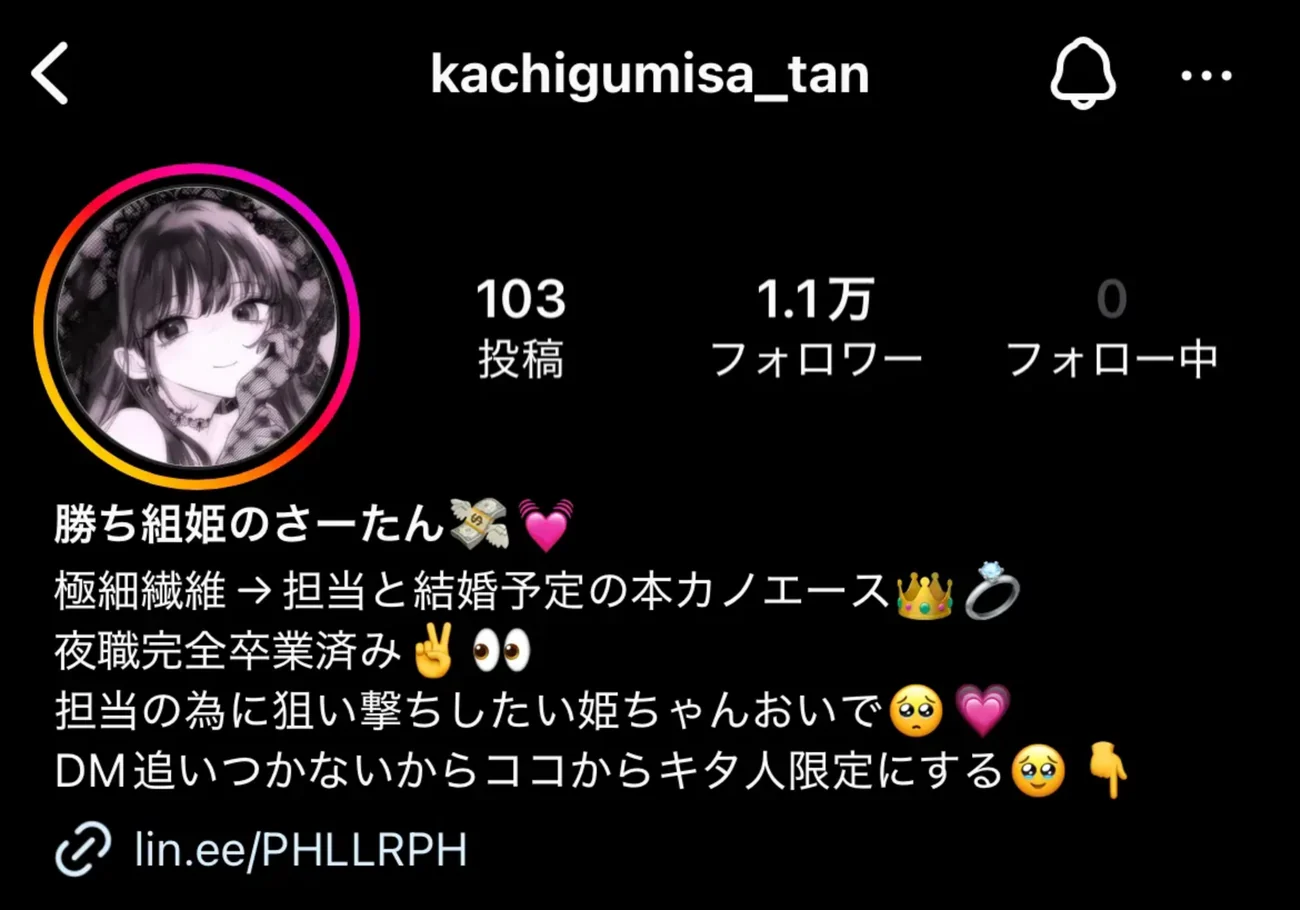 競艇インフルエンサー「勝ち組姫のさーたん」のInstagramプロフィール画面。投稿103件・フォロワー1.1万・フォロー中0、リンク欄に lin.ee/PHLLRPH と書かれている（2025年5月・私たちの記録）