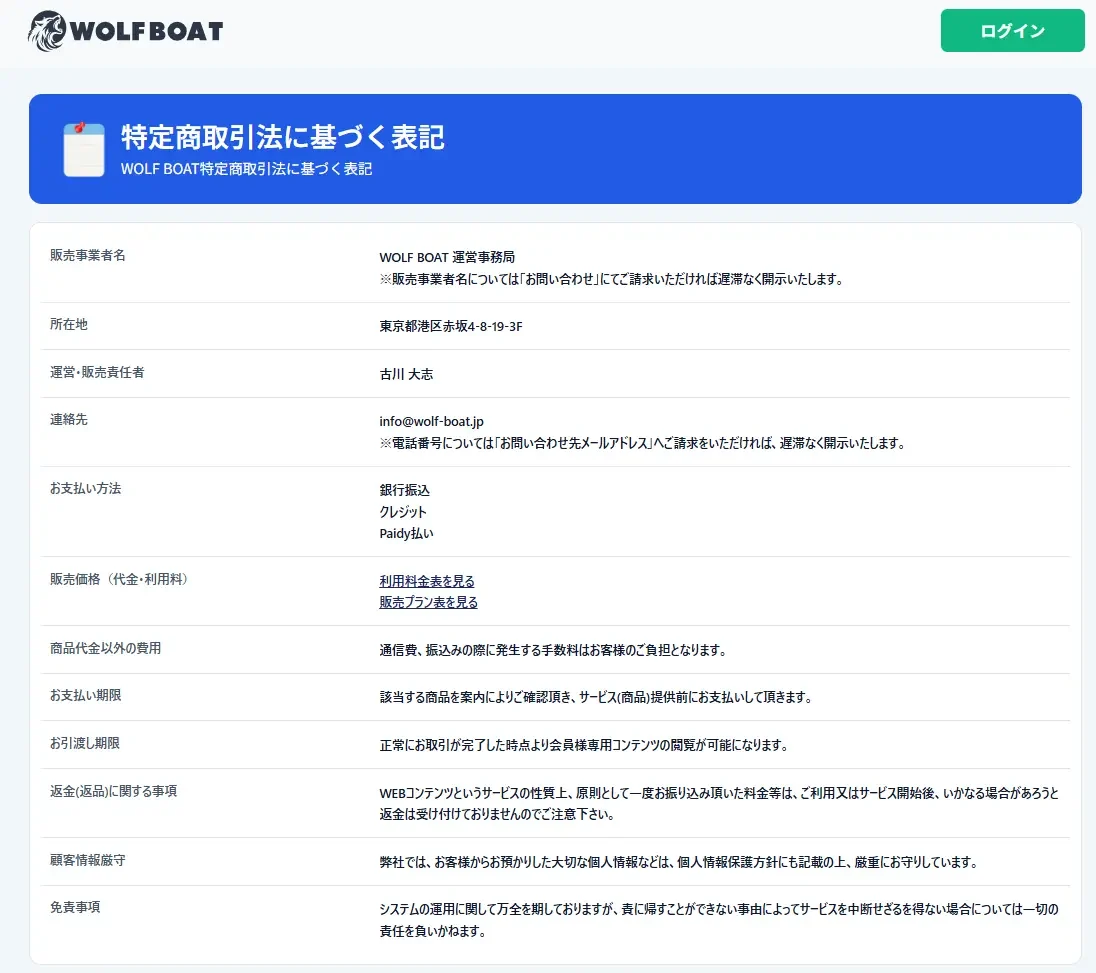 ウルフボート（WOLF BOAT）の特定商取引法に基づく表記。所在地は東京都港区赤坂4-8-19-3F、電話番号の記載なし（2026年1月29日・私たちの記録）