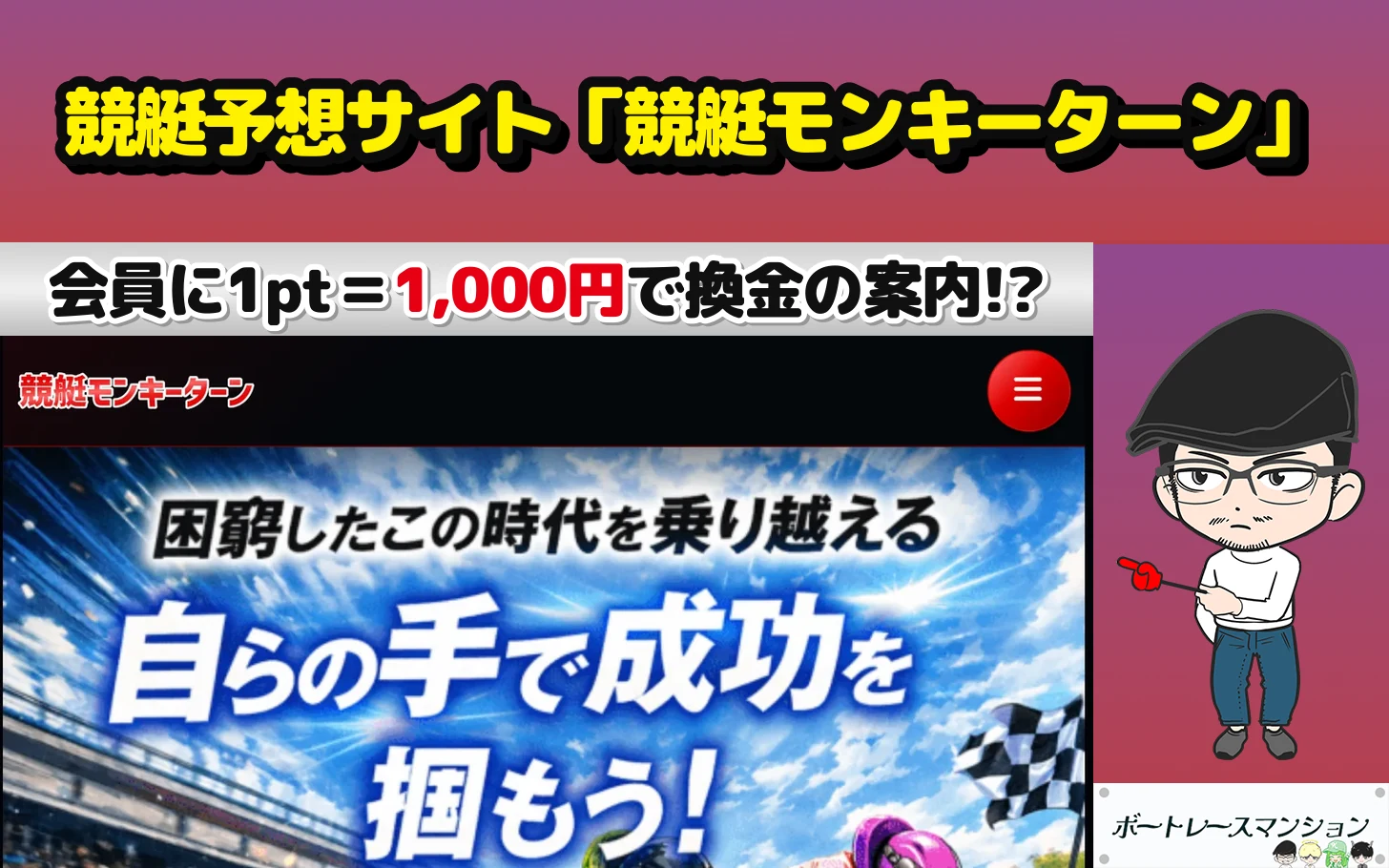 アイキャッチ：競艇予想サイト「競艇モンキーターン」の検証記事（会員に届いたポイントを1pt＝1,000円で換金する案内といまの規約、的中実績30件を公式配当で割った結果を並べて低評価を付けた）