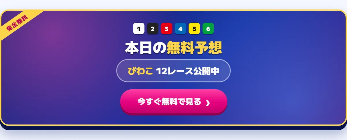 カジトリの会員ページ「予想プラン一覧」の下にある「本日の無料予想 びわこ 12レース公開中」の箱と、「今すぐ無料で見る」のボタン。左上に「完全無料」の帯（2026年10月21日・私たちが記録）