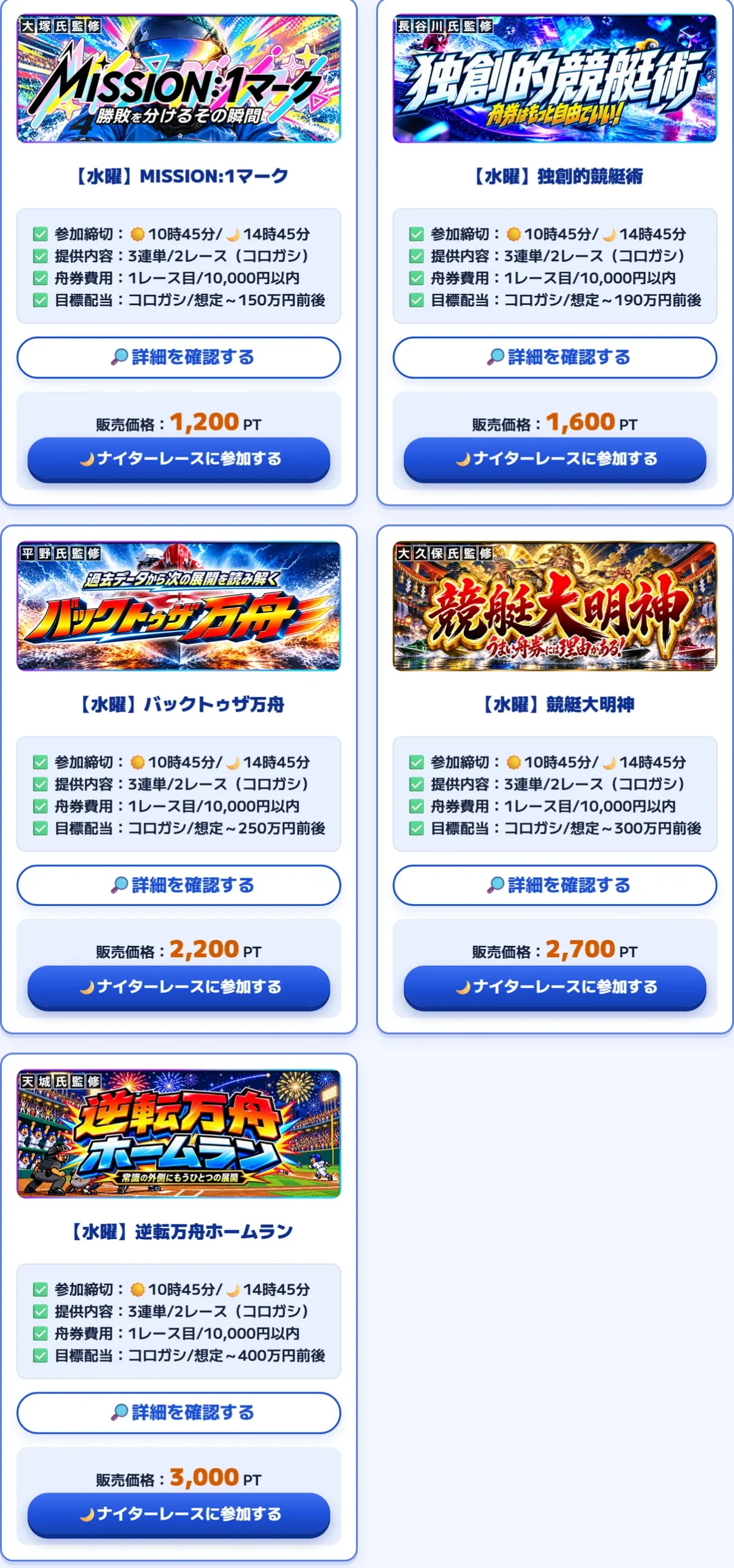 カジトリの会員ページ「販売中の予想プラン一覧」の残り5つ。【水曜】MISSION:1マーク 1,200PT（目標配当 〜150万円前後）、【水曜】独創的競艇術 1,600PT（〜190万円前後）、【水曜】バックトゥザ万舟 2,200PT（〜250万円前後）、【水曜】競艇大明神 2,700PT（〜300万円前後）、【水曜】逆転万舟ホームラン 3,000PT（〜400万円前後）。どのカードも提供内容 3連単/2レース（コロガシ）・舟券費用 1レース目/10,000円以内で、ボタンは「ナイターレースに参加する」（2026年10月21日・私たちが記録）
