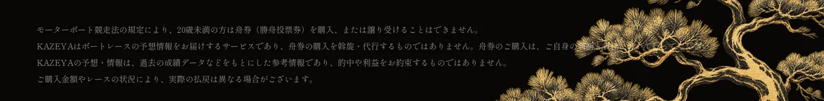 競艇KAZEYAの全ページのいちばん下にある注意書き。「モーターボート競走法の規定により、20歳未満の方は舟券（勝舟投票券）を購入、または譲り受けることはできません。」「KAZEYAはボートレースの予想情報をお届けするサービスであり、舟券の購入を斡旋・代行するものではありません。舟券のご購入は、ご自身の判断と責任において行ってください。」「KAZEYAの予想・情報は、過去の成績データなどをもとにした参考情報であり、的中や利益をお約束するものではありません。」「ご購入金額やレースの状況により、実際の払戻は異なる場合がございます。」の4行（2026年10月19日・私たちが記録）