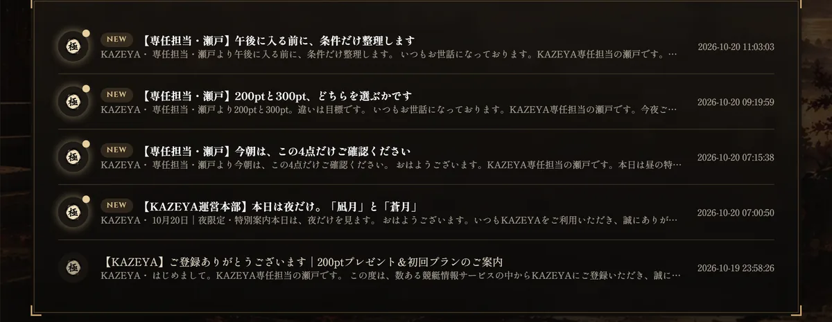 競艇KAZEYAの会員ページ「メールボックス」の一覧。上から「【専任担当・瀬戸】午後に入る前に、条件だけ整理します」「【専任担当・瀬戸】200ptと300pt、どちらを選ぶかです」「【専任担当・瀬戸】今朝は、この4点だけご確認ください」「【KAZEYA運営本部】本日は夜だけ。「凪月」と「蒼月」」（いずれも2026-10-20）、「【KAZEYA】ご登録ありがとうございます｜200ptプレゼント＆初回プランのご案内」（2026-10-19）の5通（2026年10月20日・私たちが記録）