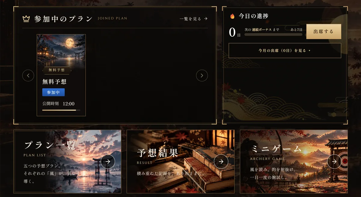 競艇KAZEYAの会員トップ（マイページ）。左に「参加中のプラン」として無料予想（参加中・公開時刻 12:00）のカード、右に「今日の進捗 0日」「次の連続ボーナスまで あと7日」「出席する」ボタンと「今月の出席（0日）を見る」、下に「プラン一覧」「予想結果」「ミニゲーム ARCHERY GAME 風を読み、的を射抜け。一日一度の腕試し。」の3枚（2026年10月20日・私たちが記録）