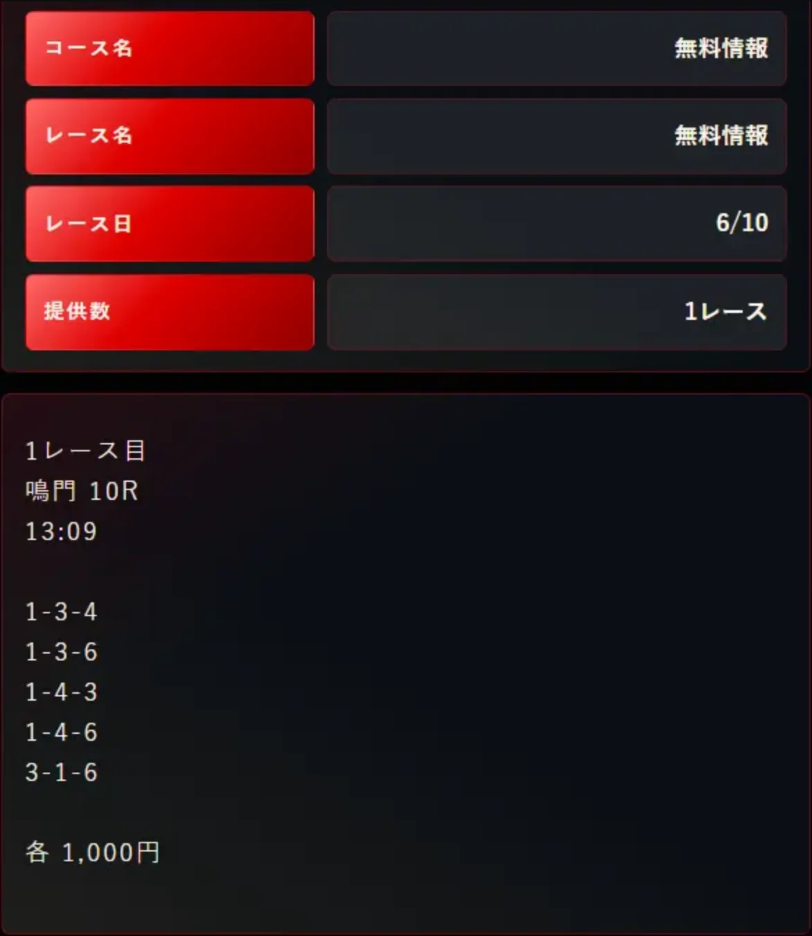 競艇モンキーターンの会員ページに出ていた無料予想の買い目。上の箱に「コース名 無料情報」「レース名 無料情報」「レース日 6/10」「提供数 1レース」、下の箱に「1レース目 鳴門 10R 13:09」「1-3-4」「1-3-6」「1-4-3」「1-4-6」「3-1-6」「各 1,000円」と書いてある（2026年6月10日・私たちが記録）