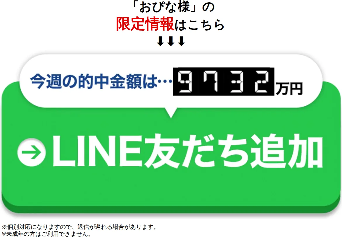 同じページのいちばん下。「「おぴな様」の限定情報はこちら ⬇⬇⬇」の文字、「今週の的中金額は…9732万円」の吹き出しが付いた緑の「➡LINE友だち追加」ボタン、その下に「※個別対応になりますので、返信が遅れる場合があります。」「※未成年の方はご利用できません。」の注記（2026年10月16日に私たちが記録）